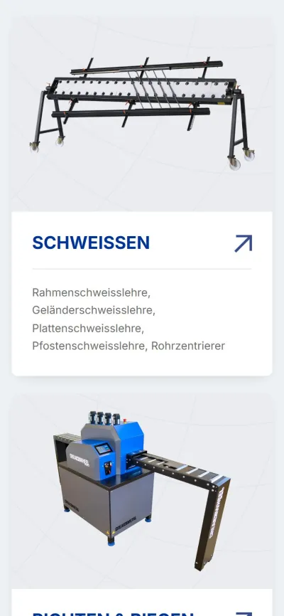 Produktübersicht von creametal.ch auf dem Handy: Karten «Schweissen» und «Richten & Biegen»