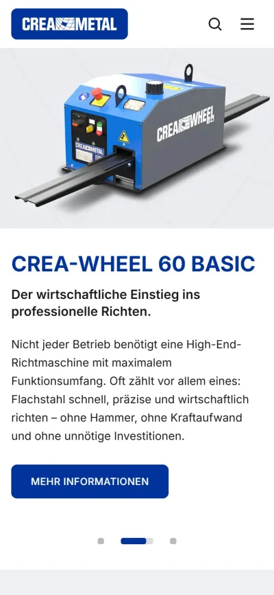 Startseite von creametal.ch auf dem Handy mit der Richtmaschine CREA-WHEEL 60 Basic