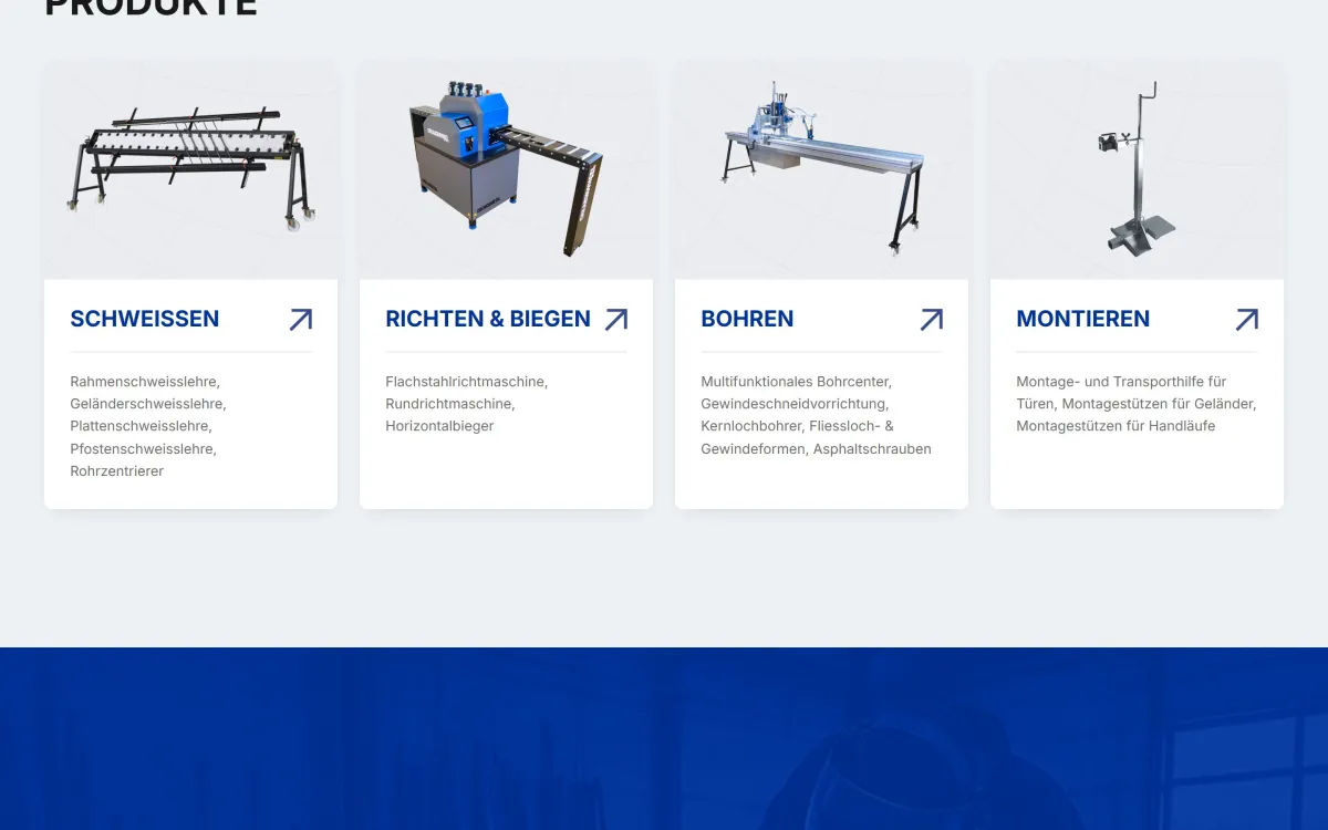 Produktübersicht von creametal.ch auf dem Desktop: Schweissen, Richten & Biegen, Bohren und Montieren