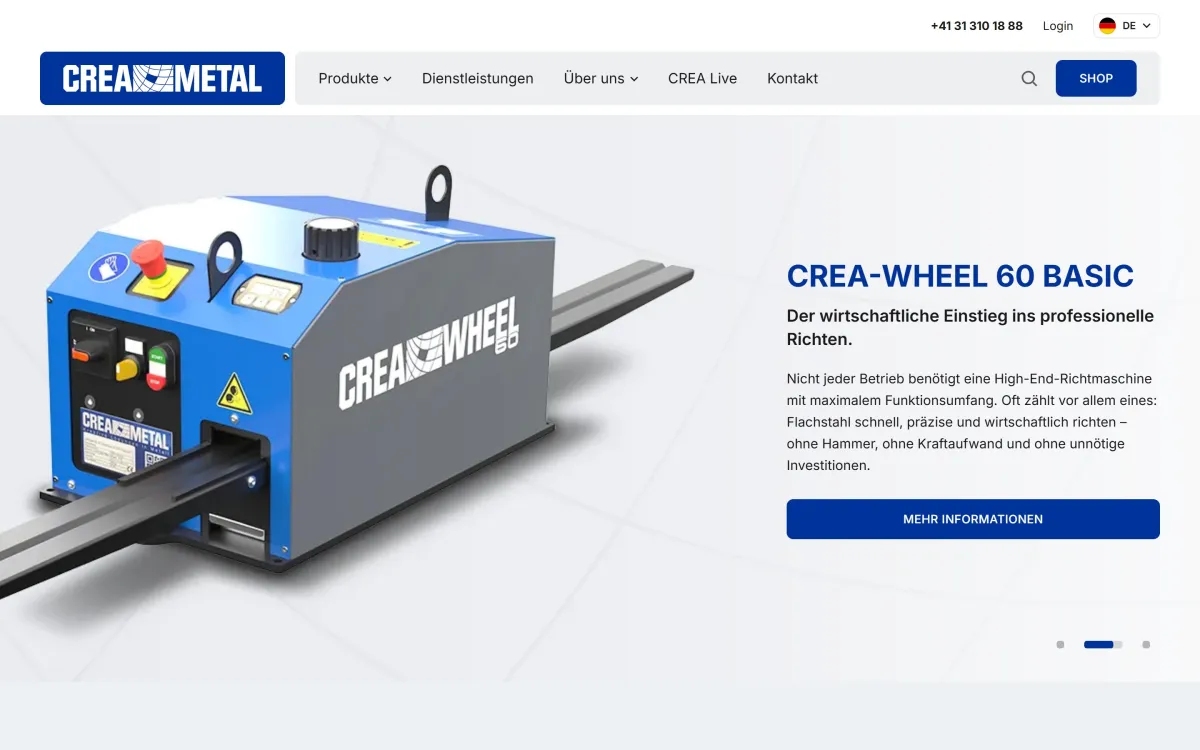Startseite von creametal.ch auf dem Desktop: Richtmaschine CREA-WHEEL 60 Basic im Bildslider