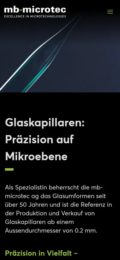 Seite «Glaskapillaren» von mbmicrotec.com auf dem Handy mit Nahaufnahme einer Glaskapillare