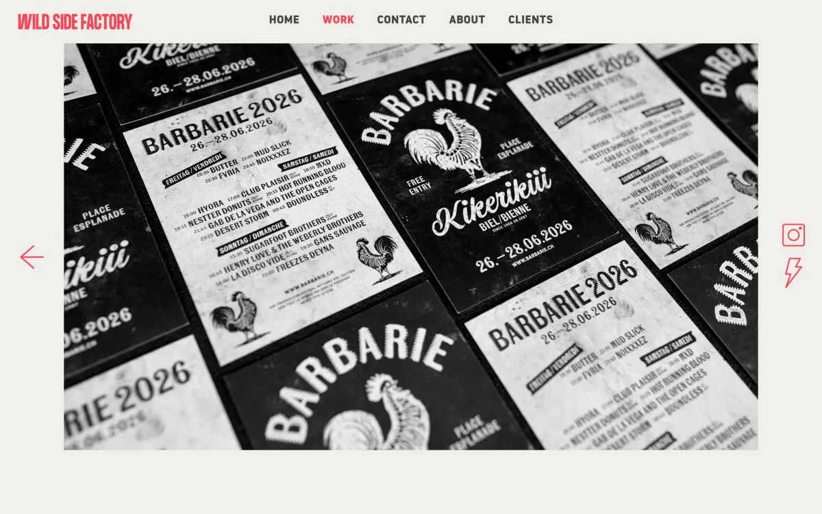 Projektseite «Barbarie 2026» von wildside-factory.com auf dem Desktop: Festival-Flyer mit Hahn-Motiv